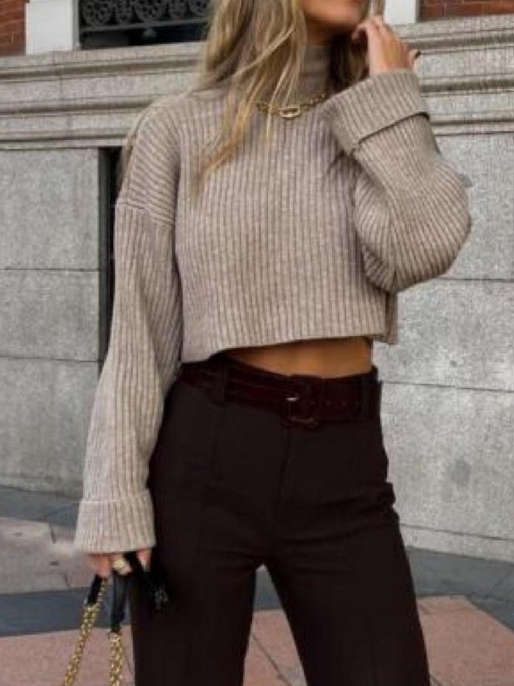 ZARA Ribbed Cropped Turtleneck Beige Sweater